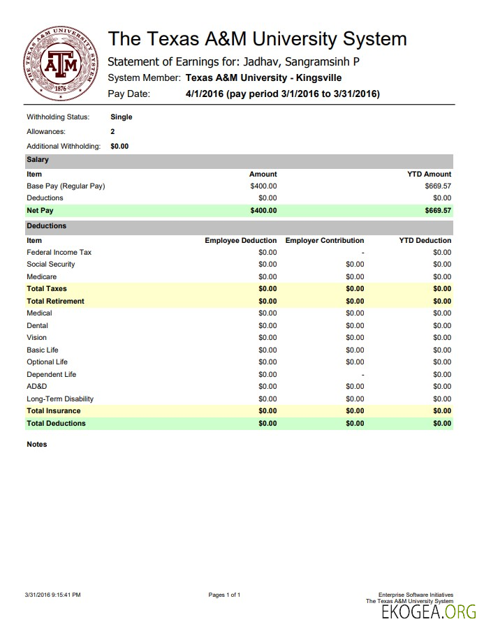 Modèle Word et PDF de déclaration de revenus du système Texas A&M University